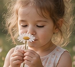 Emma smelling a daisy